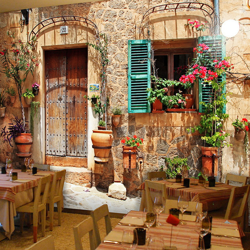 Multicolored Blossom and Street Mural Decorative Wall Covering for Restaurant Decor