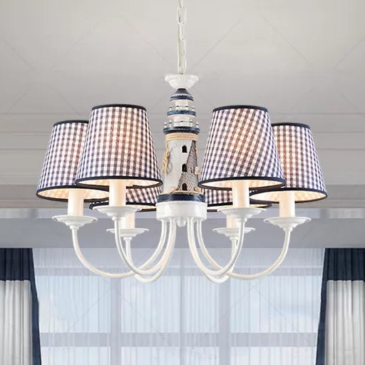 Kids Blue Pendant Light with Plaid Shade Lighthouse 6 Lights Metal Chandelier for Child Bedroom