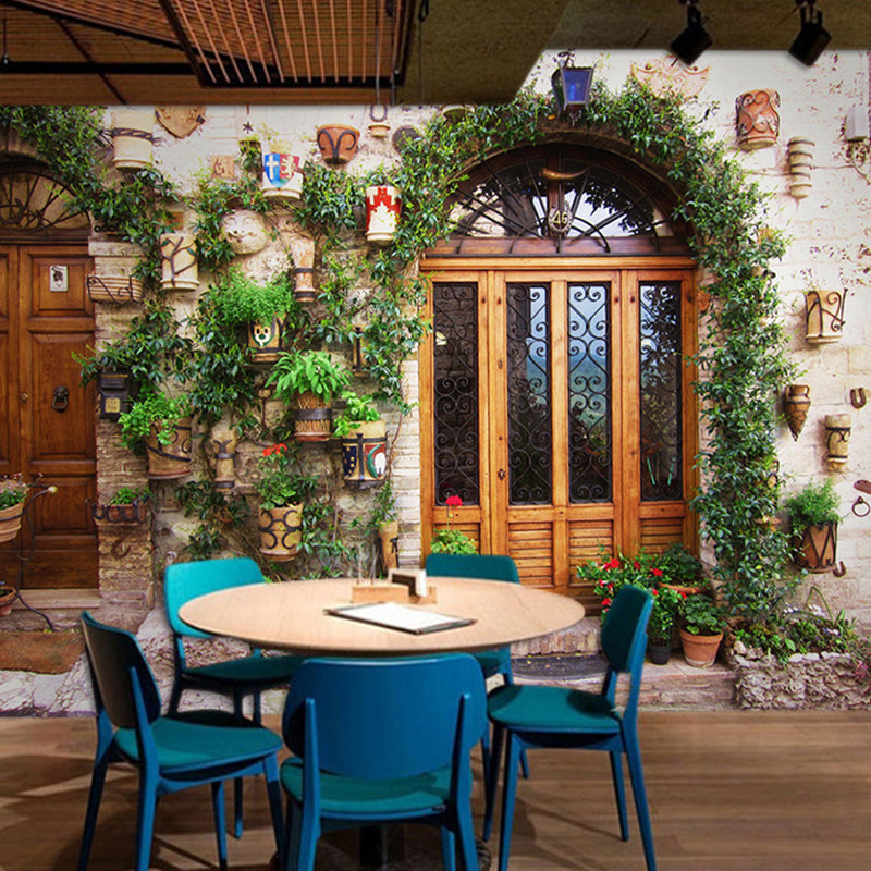 Brown Door and Street Mural Wallpaper Water-Resistant Wall Decor for Coffee Shop