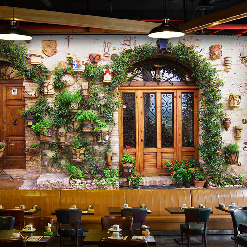 Brown Door and Street Mural Wallpaper Water-Resistant Wall Decor for Coffee Shop