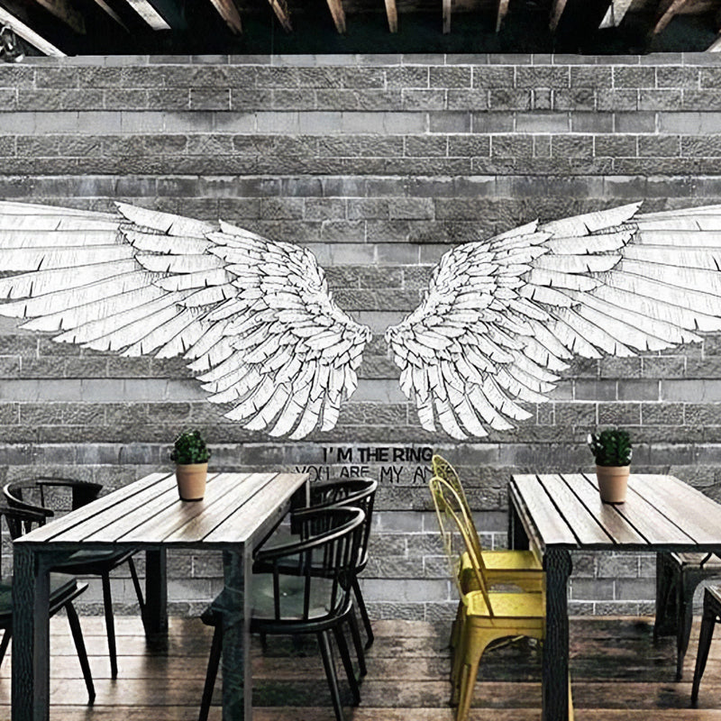 Retro Wing and Stripe Mural for Living Room, Custom-Printed Wall Decor in Grey