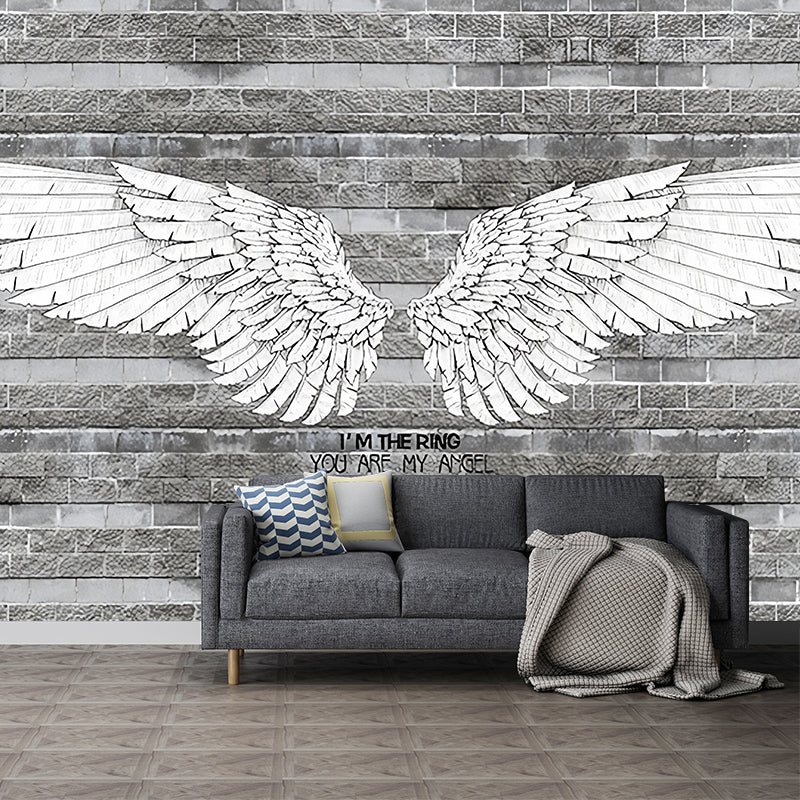 Retro Wing and Stripe Mural for Living Room, Custom-Printed Wall Decor in Grey