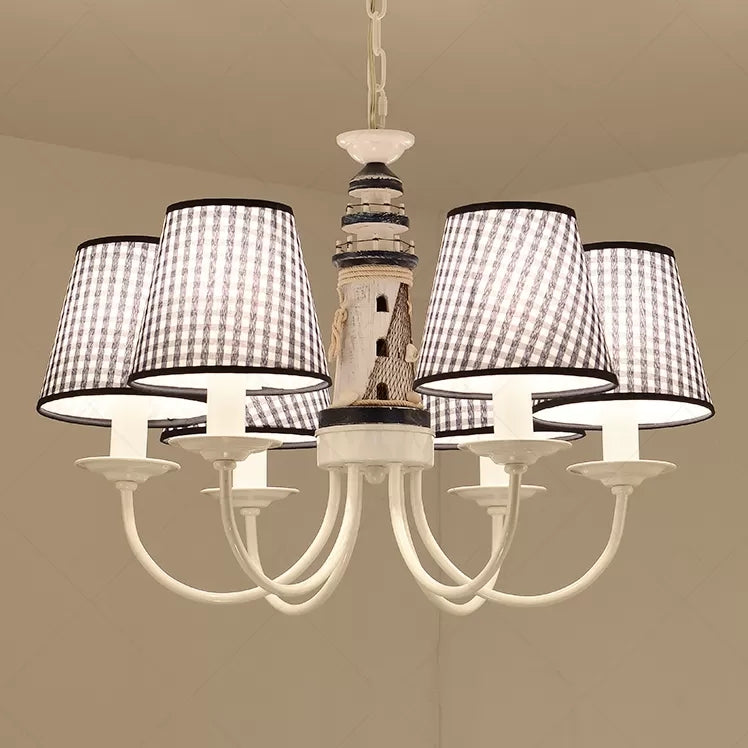 Kids Blue Pendant Light with Plaid Shade Lighthouse 6 Lights Metal Chandelier for Child Bedroom