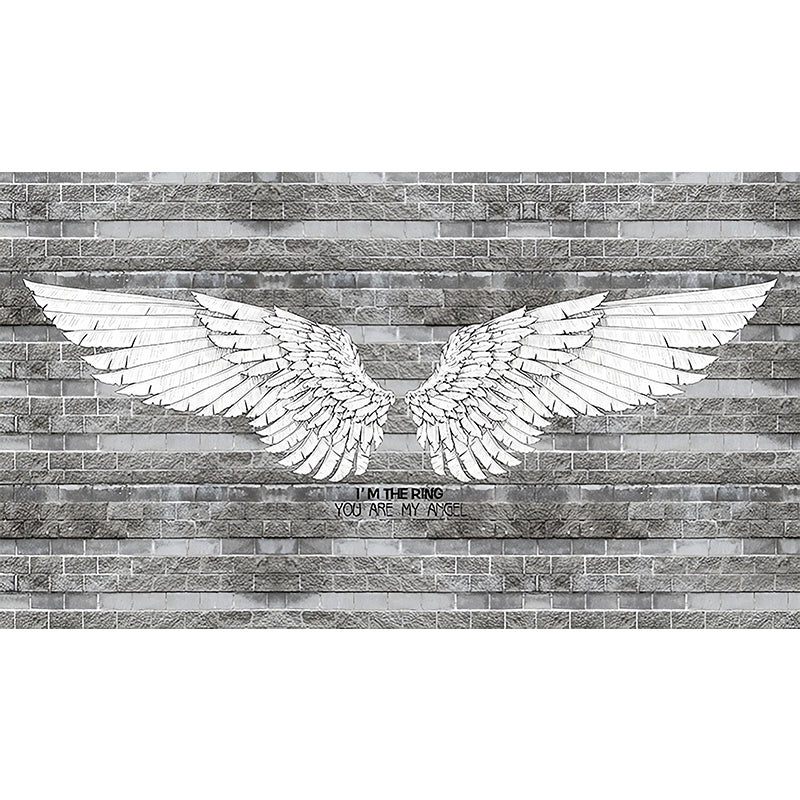 Retro Wing and Stripe Mural for Living Room, Custom-Printed Wall Decor in Grey