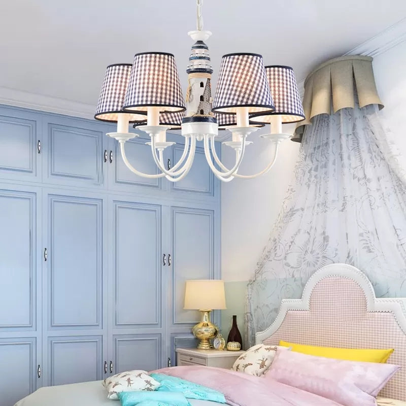 Kids Blue Pendant Light with Plaid Shade Lighthouse 6 Lights Metal Chandelier for Child Bedroom