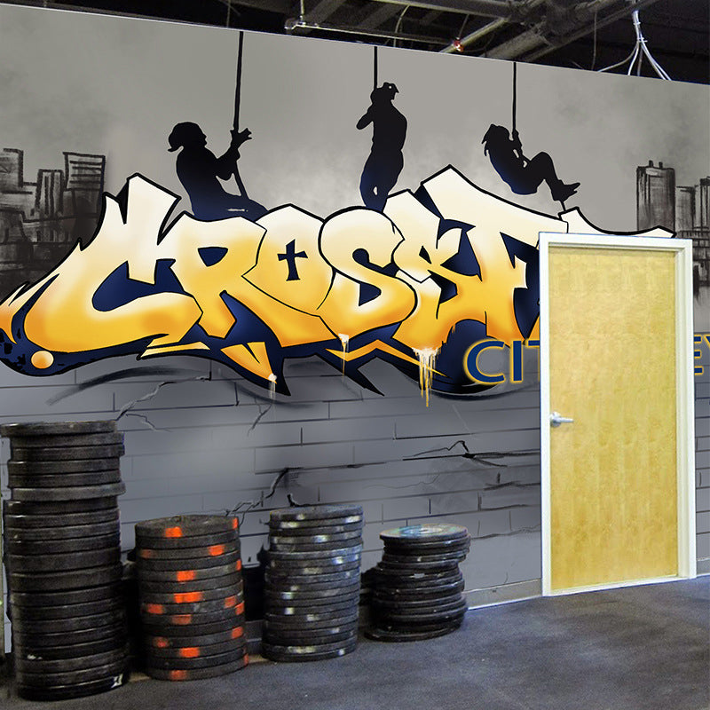 Whole Illustration Fashion Wall Decor for Gym and Dress Room with Graffiti in Yellow and Grey
