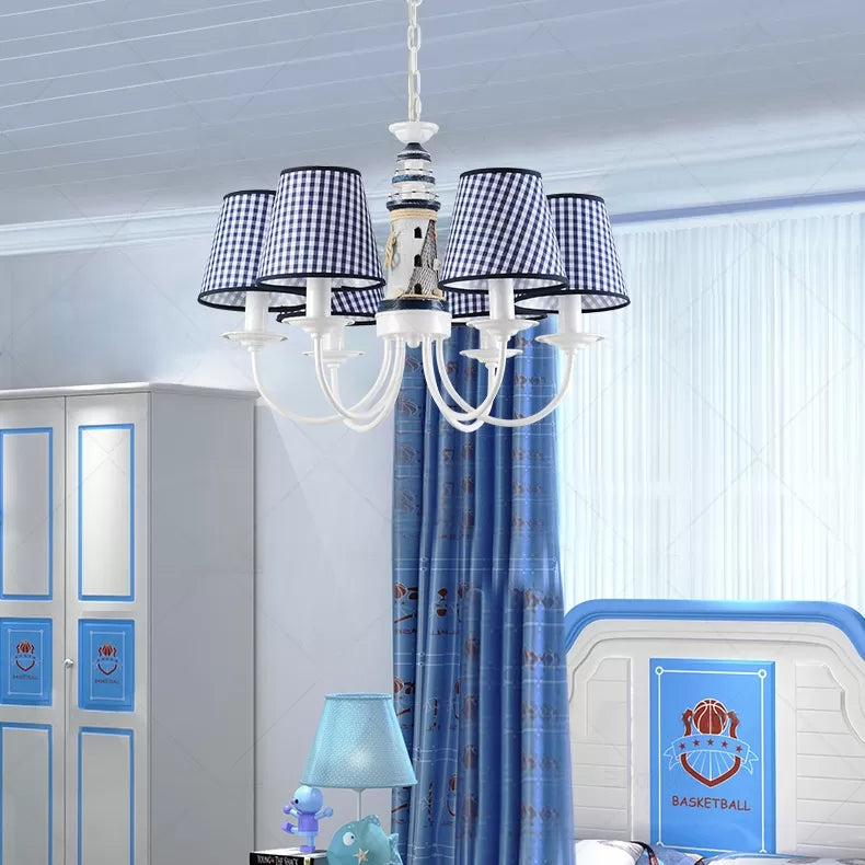 Kids Blue Pendant Light with Plaid Shade Lighthouse 6 Lights Metal Chandelier for Child Bedroom