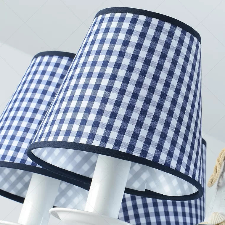 Kids Blue Pendant Light with Plaid Shade Lighthouse 6 Lights Metal Chandelier for Child Bedroom