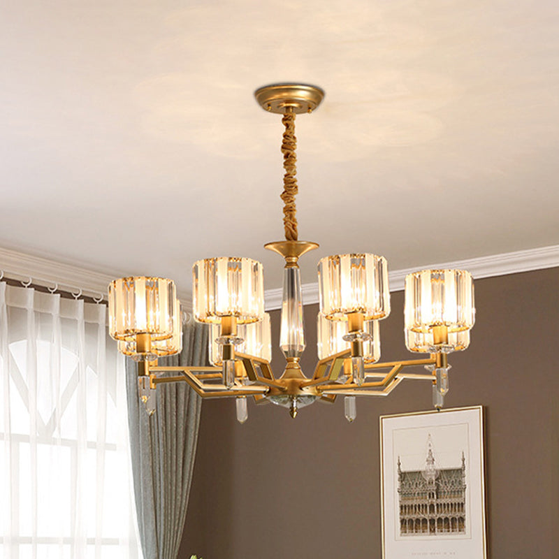 Prismatic Crystal Cylinder Up Chandelier Postmodern 8 Heads Living Room Suspended Lighting Fixture in Gold