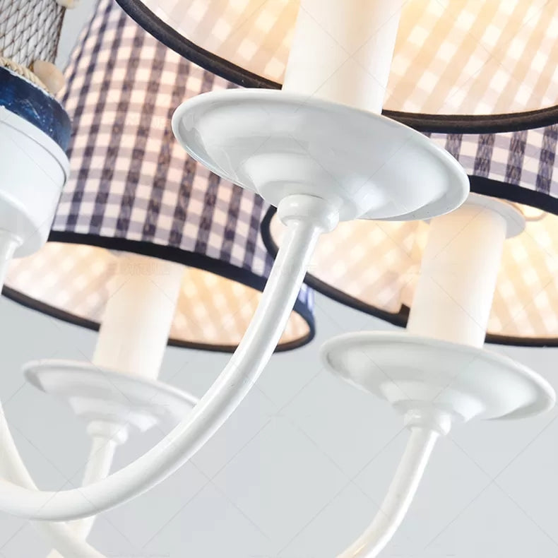 Kids Blue Pendant Light with Plaid Shade Lighthouse 6 Lights Metal Chandelier for Child Bedroom