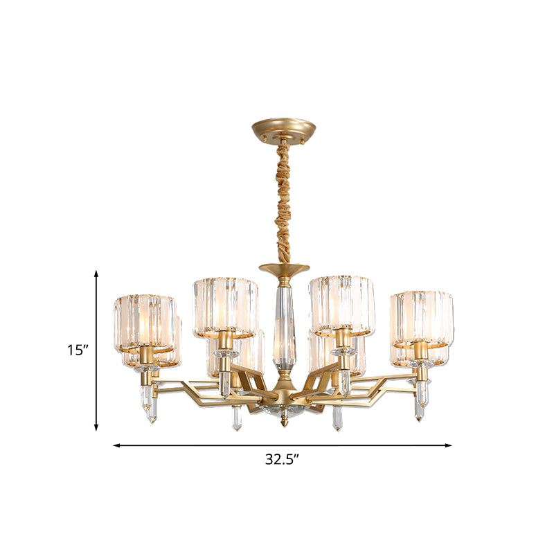 Prismatic Crystal Cylinder Up Chandelier Postmodern 8 Heads Living Room Suspended Lighting Fixture in Gold