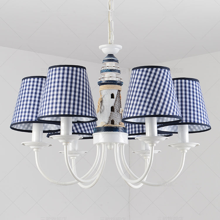 Kids Blue Pendant Light with Plaid Shade Lighthouse 6 Lights Metal Chandelier for Child Bedroom