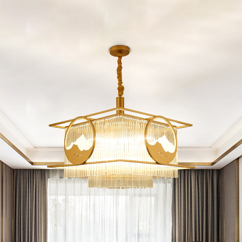 Vierkante/ronde kristallen staven Drop Lamp traditionele 8 lichten zitkamer kroonluchter met goud frame
