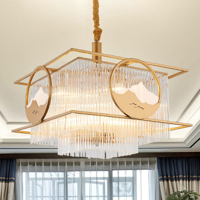 Vierkante/ronde kristallen staven Drop Lamp traditionele 8 lichten zitkamer kroonluchter met goud frame