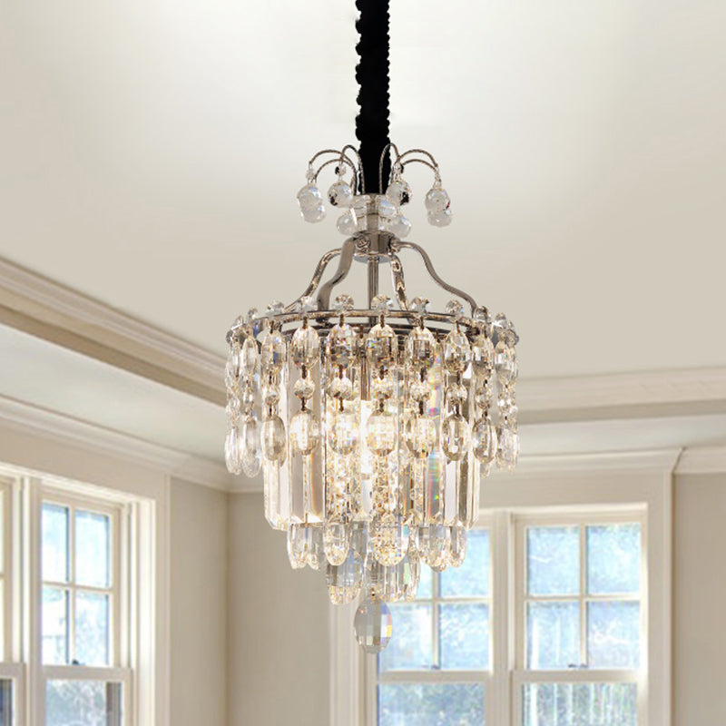 Faceted Cut Crystal Chrome Hanging Lamp Layered 3 Bulbs Modern Chandelier Pendant Light
