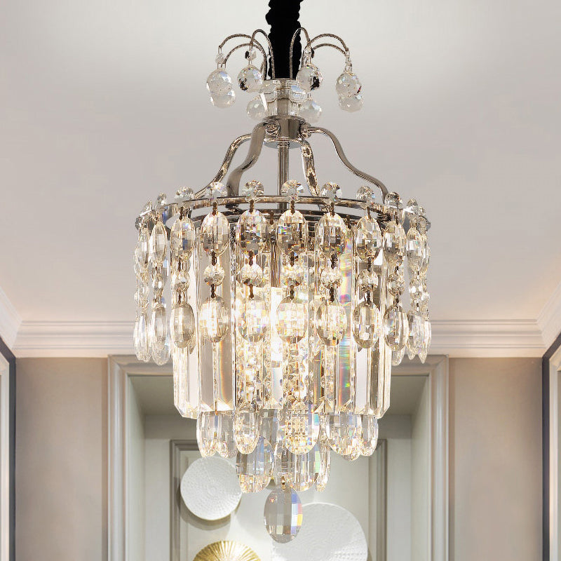 Faceted Cut Crystal Chrome Hanging Lamp Layered 3 Bulbs Modern Chandelier Pendant Light