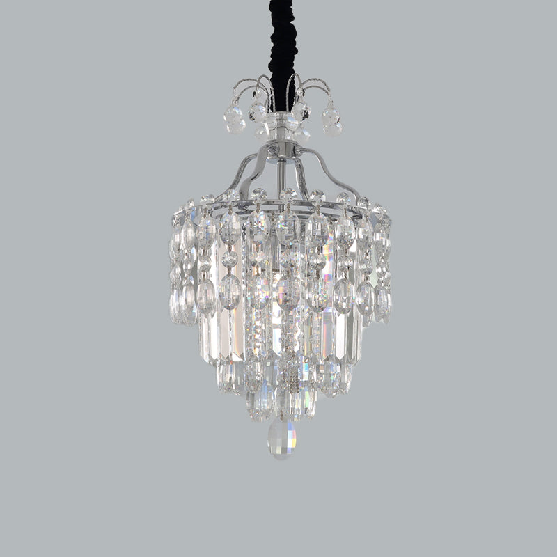 Faceted Cut Crystal Chrome Hanging Lamp Layered 3 Bulbs Modern Chandelier Pendant Light