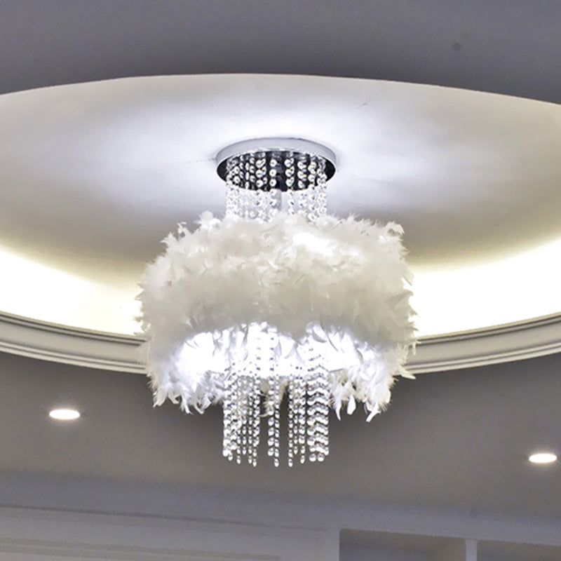 Feather Fluffy Drum Semi Flush Chandelier Modern Style 4 Bulbs Bedroom Ceiling Lamp with Crystal Chain in Chrome