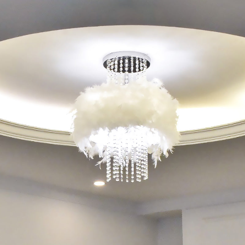 Feather Fluffy Drum Semi Flush Chandelier Modern Style 4 Bulbs Bedroom Ceiling Lamp with Crystal Chain in Chrome