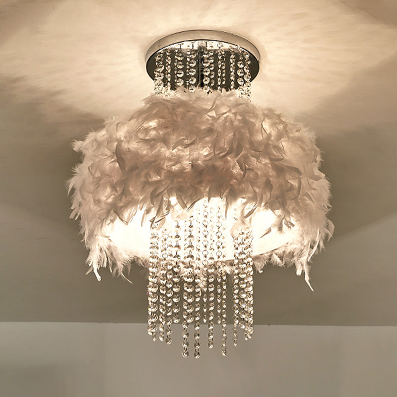 Feather Fluffy Drum Semi Flush Chandelier Modern Style 4 Bulbs Bedroom Ceiling Lamp with Crystal Chain in Chrome