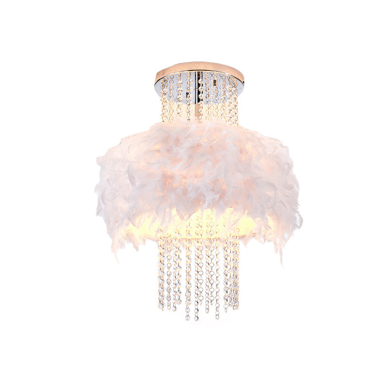 Feather Fluffy Drum Semi Flush Chandelier Modern Style 4 Bulbs Bedroom Ceiling Lamp with Crystal Chain in Chrome