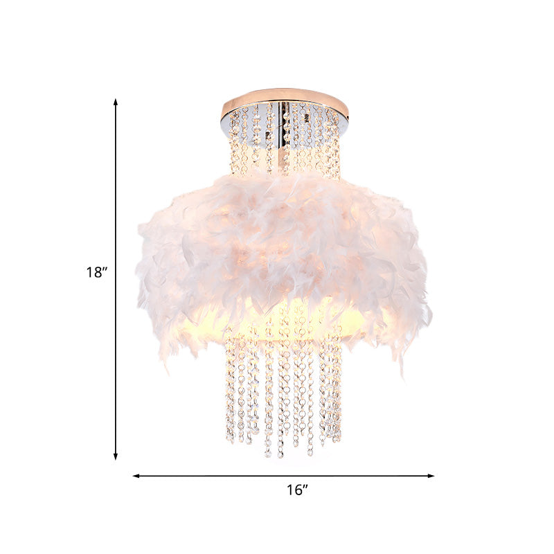Feather Fluffy Drum Semi Flush Chandelier Modern Style 4 Bulbs Bedroom Ceiling Lamp with Crystal Chain in Chrome