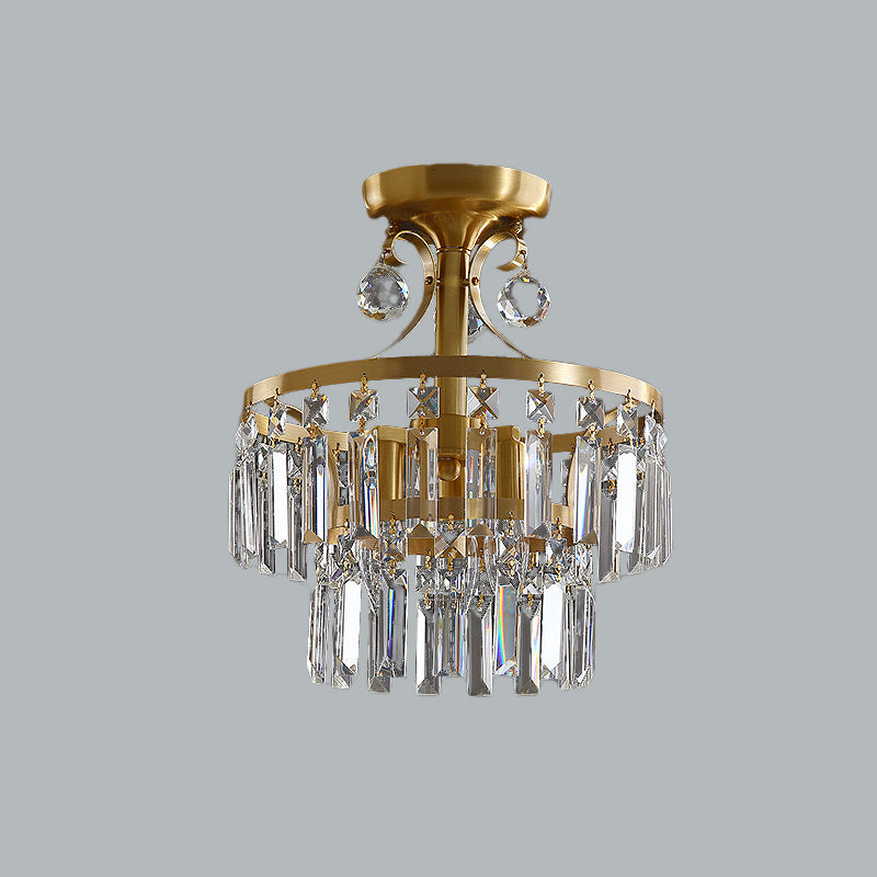 Postmodern a 2 strati tamburi a filo 3 luci prisma cristallino vicino all'illuminazione del soffitto in ottone