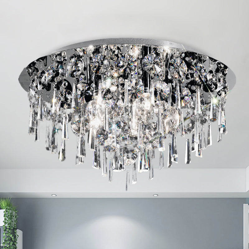 4 Heads Flush Ceiling Light Contemporary Round Crystal Fringe Flush Mount Lighting in Chrome