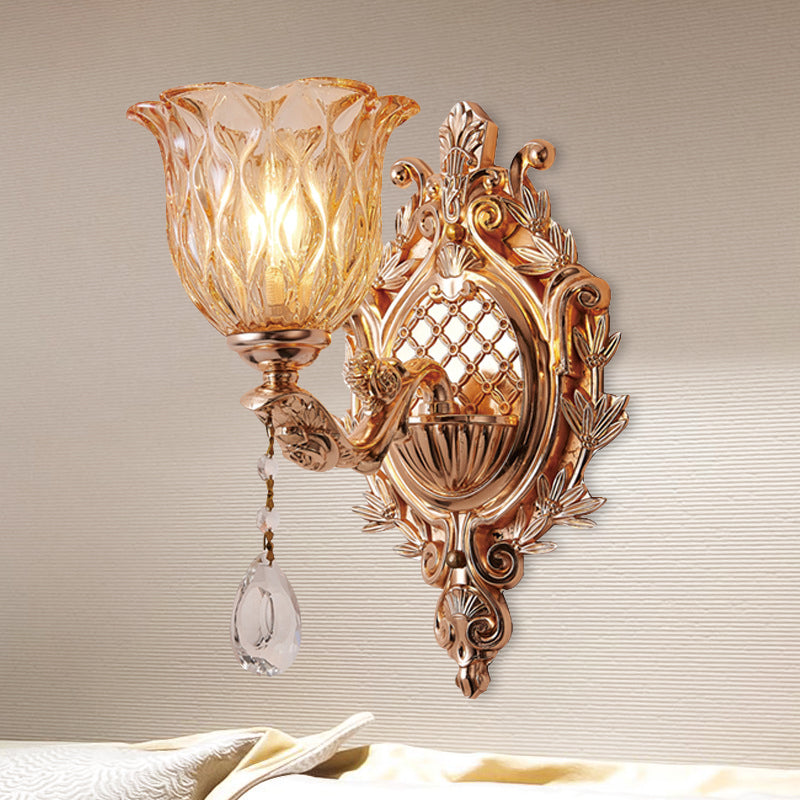 Amber Lattice Glass Floral Wall Light Traditional Single Bulb Living Room Sconce Lighting in Gold