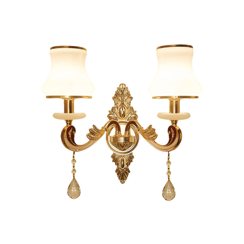 2 Heads Wall Sconce Vintage Bedroom Wall Mount Lamp with Curved Milk Glass Lampshade in Gold