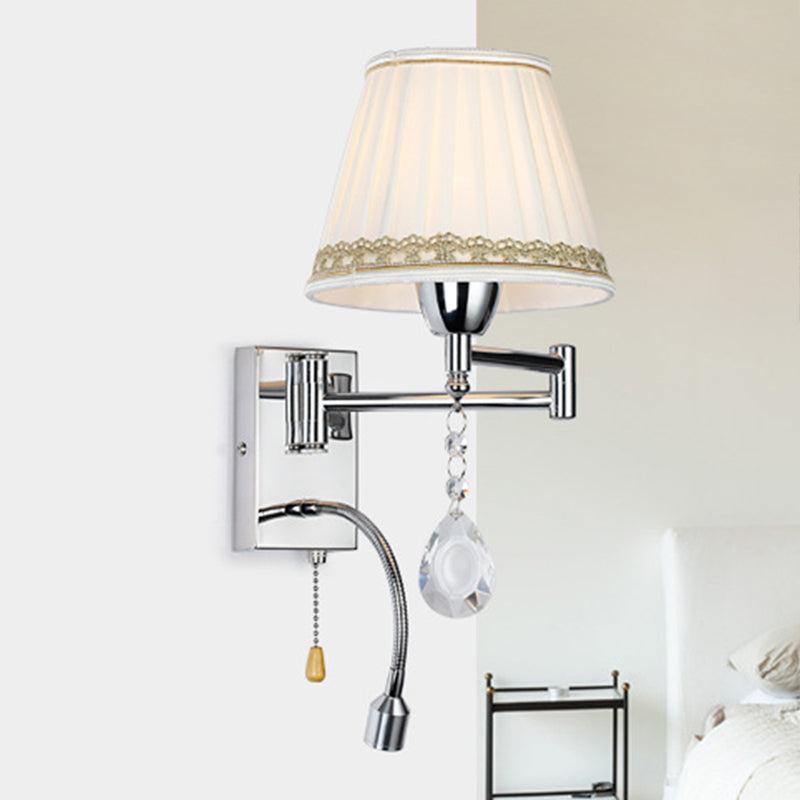 1-Head Reading Wall Light Modern Pleated Fabric Braided-Trimmed Cone Sconce with Chrome Extendable Arm