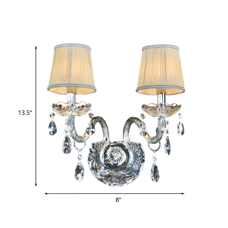 Gathered Fabric Tapered Sconce Light Modernism 2 Heads Bedside Wall Mounted Lamp with Clear Curved Glass Tube Arm