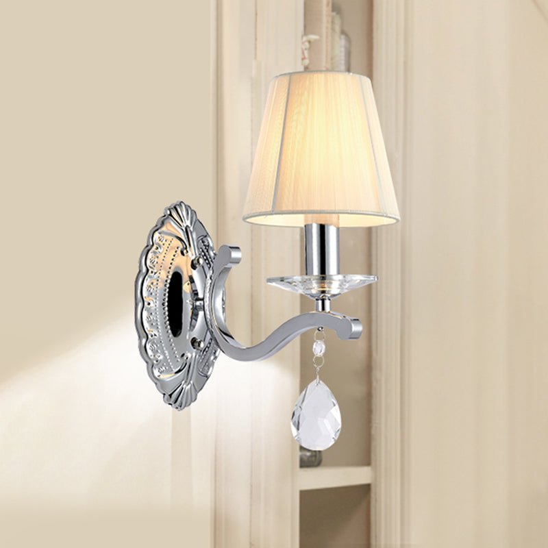 1/2-Head Pleated Fabric Wall Light Modernism Beige Cone Corner Sconce with Chrome Curving Arm