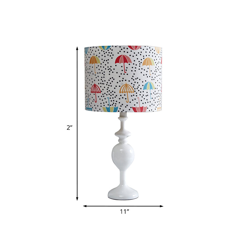 Resin Drum Desk Light Contemporary 1 Bulb White Nightstand Lamp with Fabric Shade