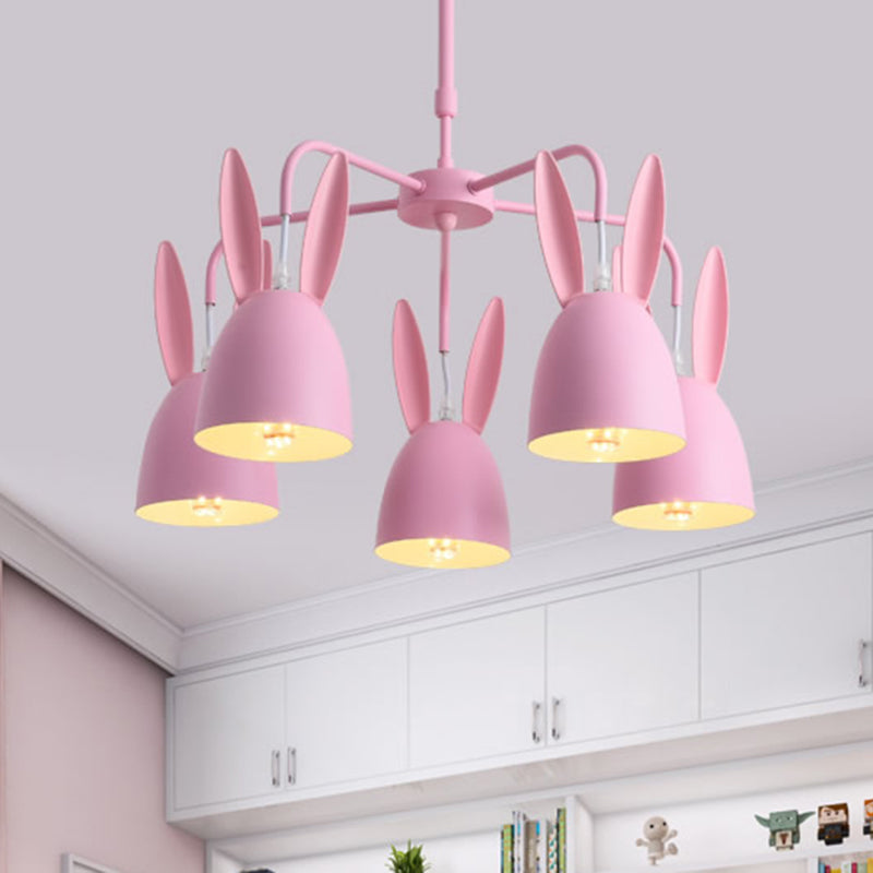 Metal Rabbit Shade Drop Pendant Light Cartoon 5 Lights Chandelier Lighting Fixture in Pink