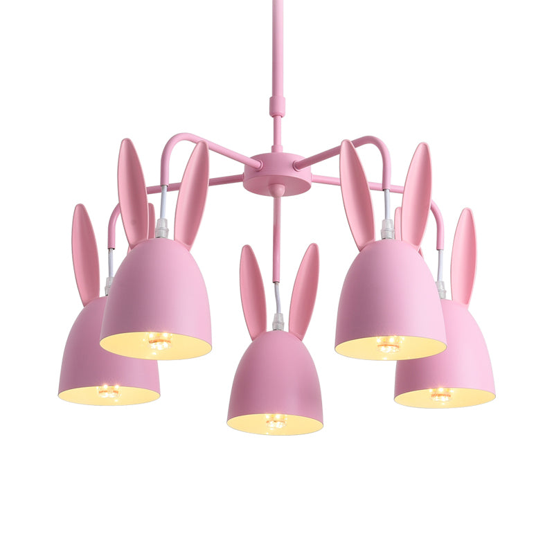 Metal Rabbit Shade Drop Pendant Light Cartoon 5 Lights Chandelier Lighting Fixture in Pink