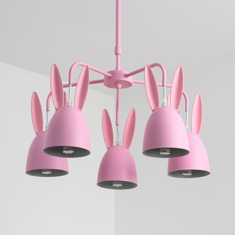 Metal Rabbit Shade Drop Pendant Light Cartoon 5 Lights Chandelier Lighting Fixture in Pink