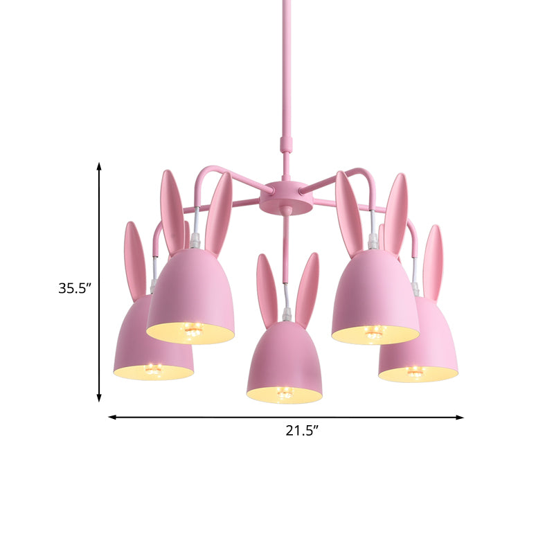 Metal Rabbit Shade Drop Pendant Light Cartoon 5 Lights Chandelier Lighting Fixture in Pink