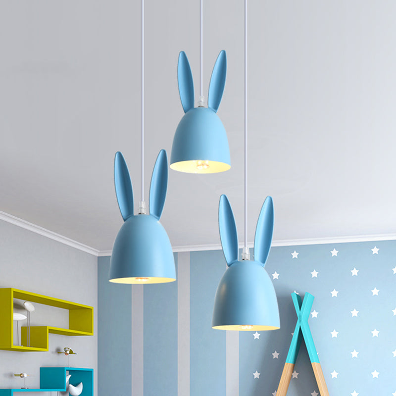 Pink/Blue Rabbit Shade Drop Cluster Pendant Light Cartoon 3 Lights Metal Hanging Lamp