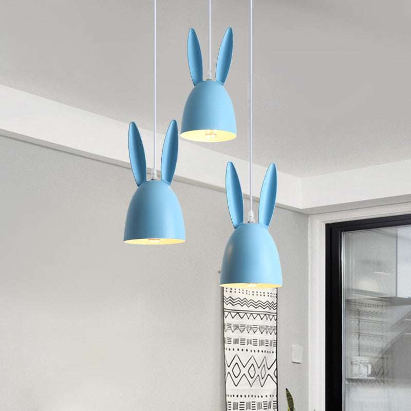 Pink/Blue Rabbit Shade Drop Cluster Pendant Light Cartoon 3 Lights Metal Hanging Lamp