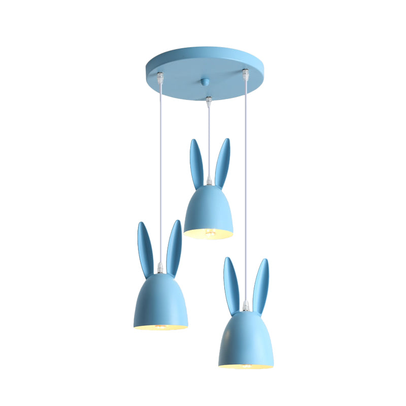 Pink/Blue Rabbit Shade Drop Cluster Pendant Light Cartoon 3 Lights Metal Hanging Lamp