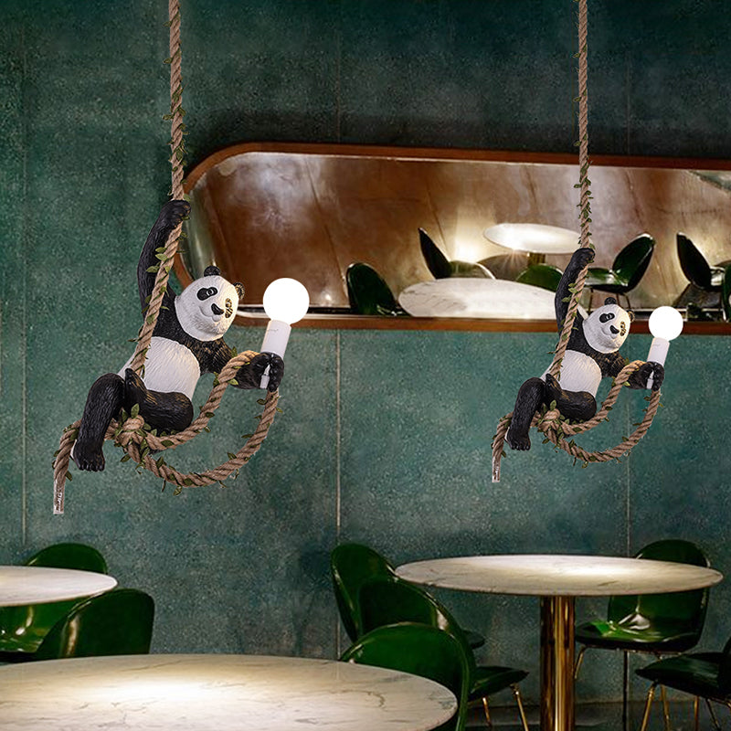 Lampada a pendente Panda Resina creativa 1 kit lampadina a sospensione con asta di corda in bianco e nero