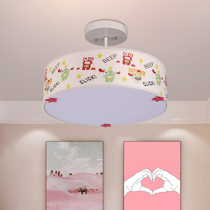 Drum Semi Mount Lighting Cartoon Fabric 3 Bulbs Flush Ceiling Light with Animal Pattern in White