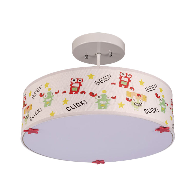 Drum Semi Mount Lighting Cartoon Fabric 3 Bulbs Flush Ceiling Light with Animal Pattern in White