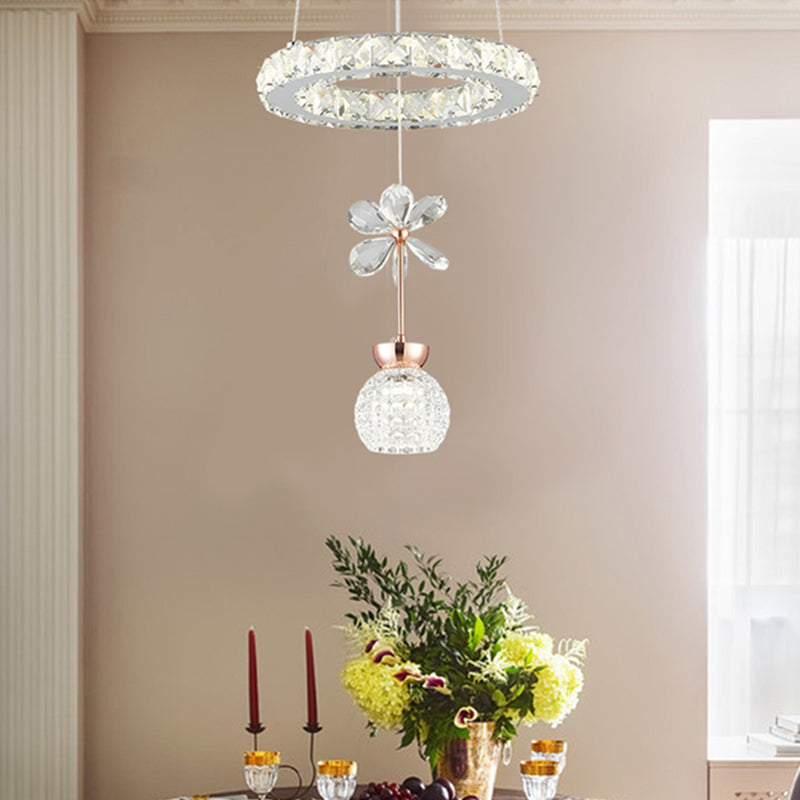Kit de luz colgante de flores y cúpula modernista cristal transparente de cristal comedor lámpara de péndulo con estante de aro