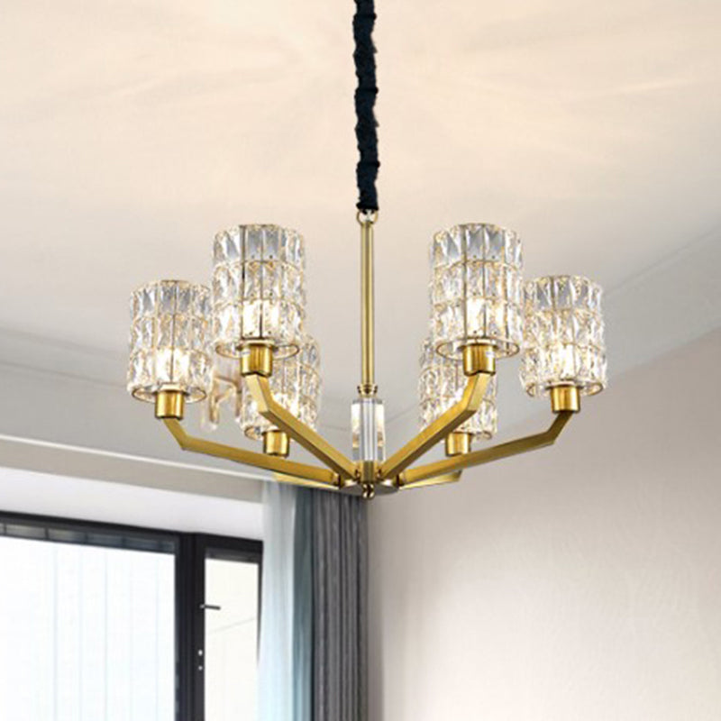 6 hoofden slaapkamer hanger kroonluchter modernisme goudhangende lamp met cilinder kristal schaduw