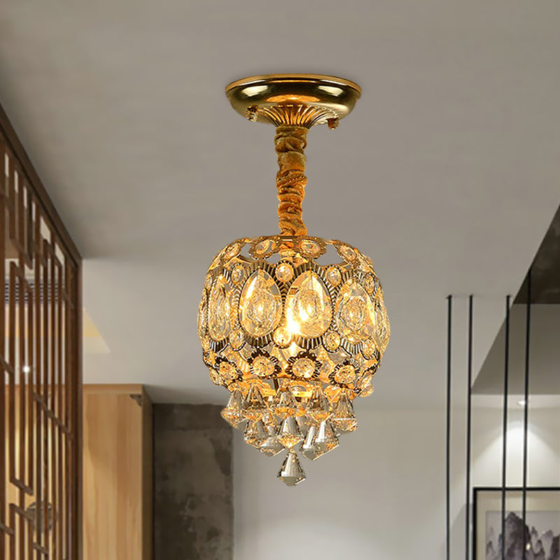 Traditional Oval Flush Light Fixture 1 Bulb Crystal Close to Ceiling Lamp in Gold