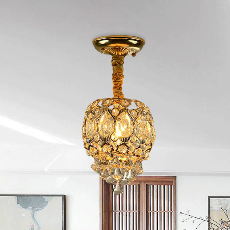 Traditional Oval Flush Light Fixture 1 Bulb Crystal Close to Ceiling Lamp in Gold