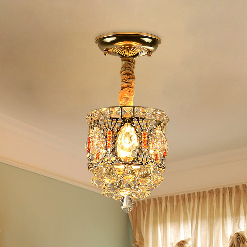 Crystal Encrusted Cylinder Ceiling Light Antique Style 1 Head Hallway Semi Flush Mount in Gold with Diamond Drops