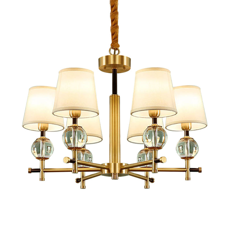 Conic Bedroom Chandelier Lamp Fabric 6 Heads Contemporary Ceiling Pendant in Brass with Crystal Accent